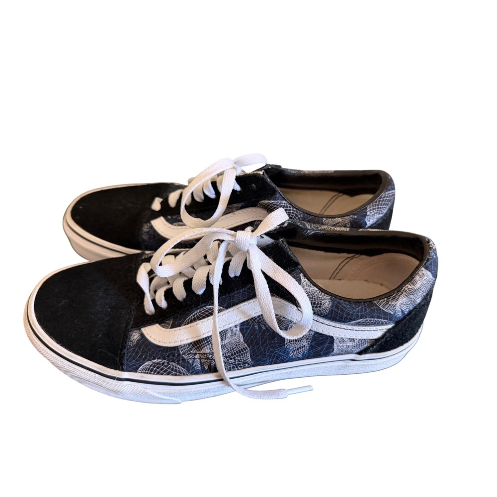 Vans Old Skool Black White Wireframe Globe Print Sneakers Mens 7 Womens 8.5